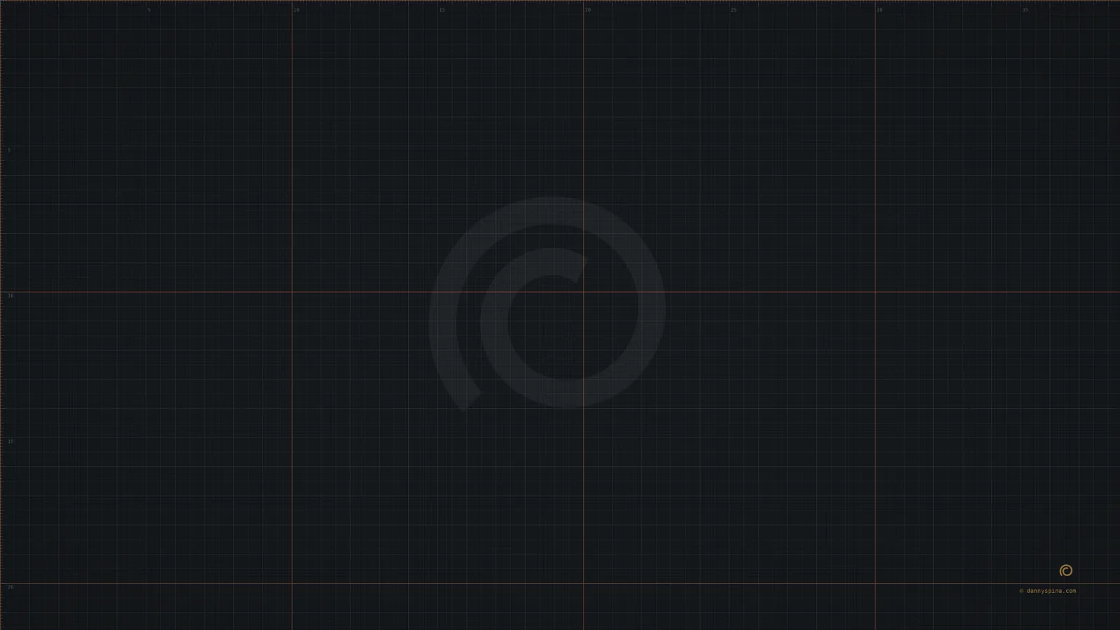 Dark — Near-black graphite, hairline red crosshair.