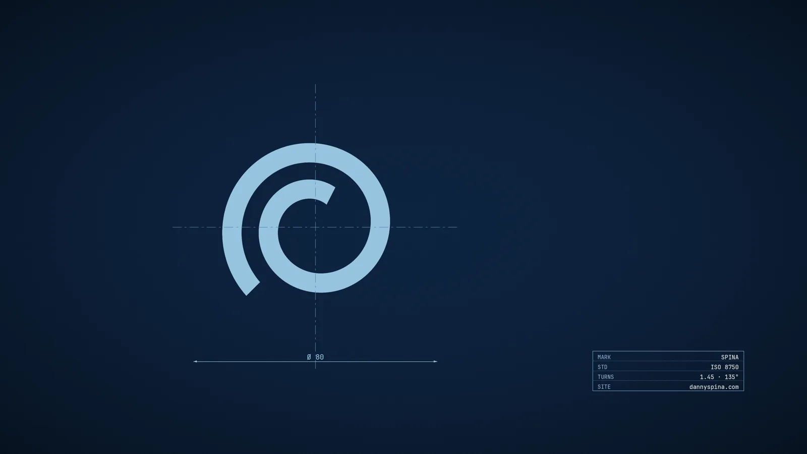 Blueprint — The mark as an engineering drawing, spec table included.